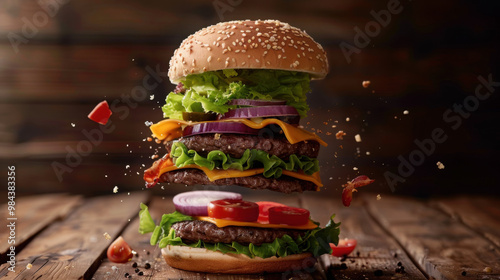 Unraveled Delights: A Disassembled Cheeseburger's Tale—Lettuce, Tomatoes, Onions, Cheese, and Sesame Seed Bun on Wood