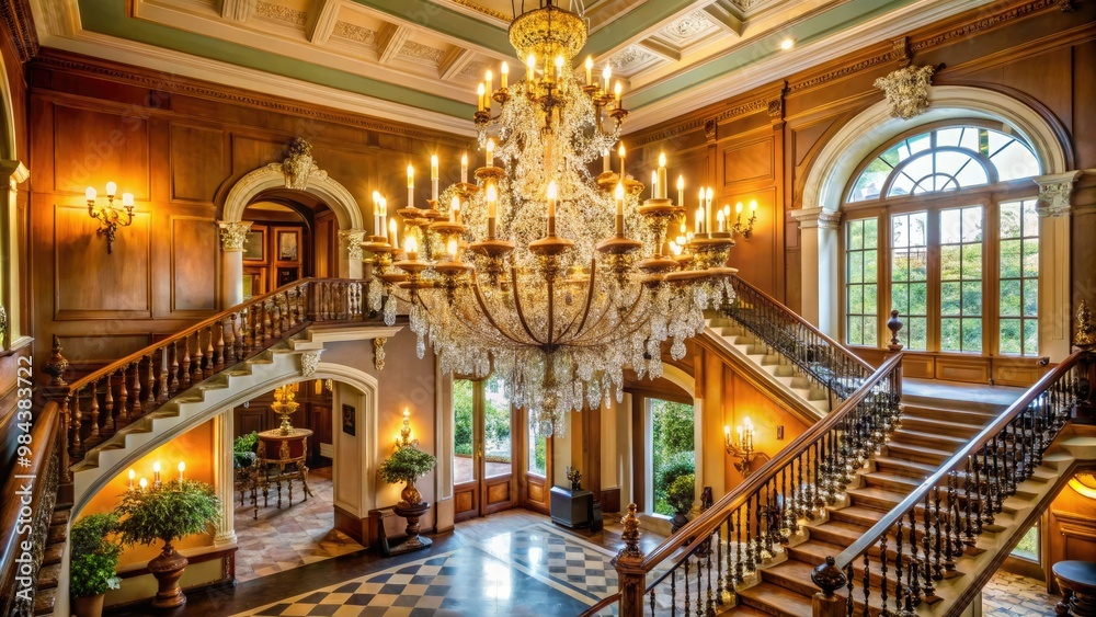 A majestic chandelier crowns the foyer of a storied estate, its opulent design a fitting tribute to the manor's storied past. A majestic chandelier crowns the foyer of a storied estate, its opulent design a fitting tribute to the manor's storied past.