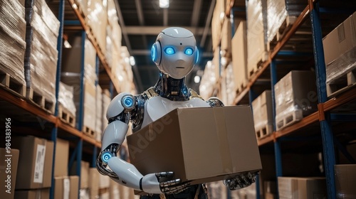 Humanoid robot working in a futuristic warehouse carrying boxes