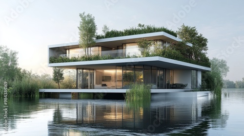 Modern cube-shaped house with transparent glass walls, rooftop garden, and surrounded by serene water, creating a reflective architectural marvel