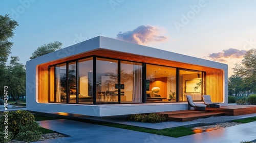 Modern modular cube home with sleek white concrete walls and warm wooden panels, minimalist landscaping, soft evening sunlight, Realistic, Architecture Photography, Warm tones