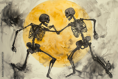 Skeletons dancing on moon background photo