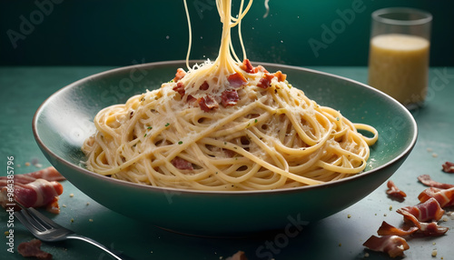 Delicious spaghetti carbonara served in green bowl, topped with crispy bacon and cheese, creating mouthwatering dish that is perfect for pasta lovers photo