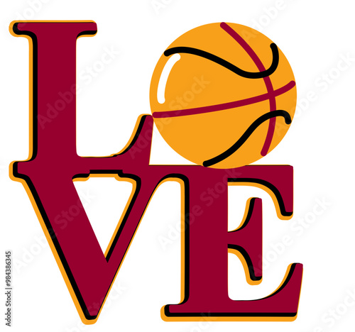 Love - yellow, red and black basketball, sport vector graphics for street art - graffiti lettering typography - art illustration  - writen Word -	for websites, banners, cards,, sublimation