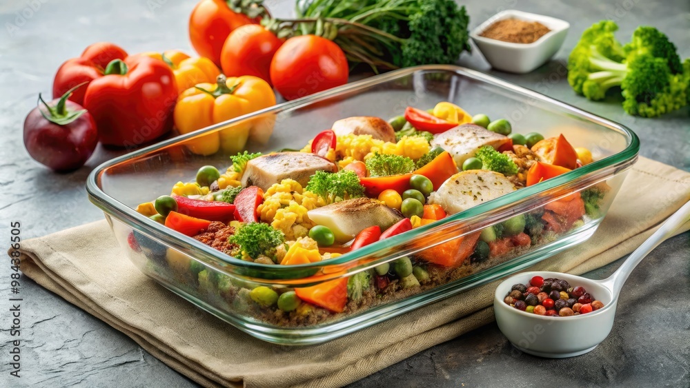 A partially filled glass baking dish highlights the ingredients for a meal preparation that serves 4-6 people. A partially filled glass baking dish highlights the ingredients for a meal preparation that serves 4-6 people.
