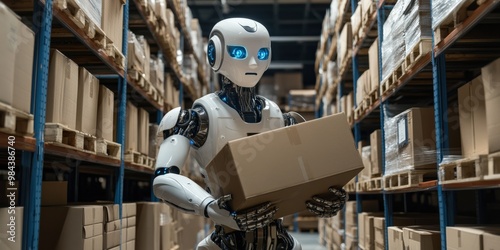 Humanoid robot working in a futuristic warehouse carrying boxes