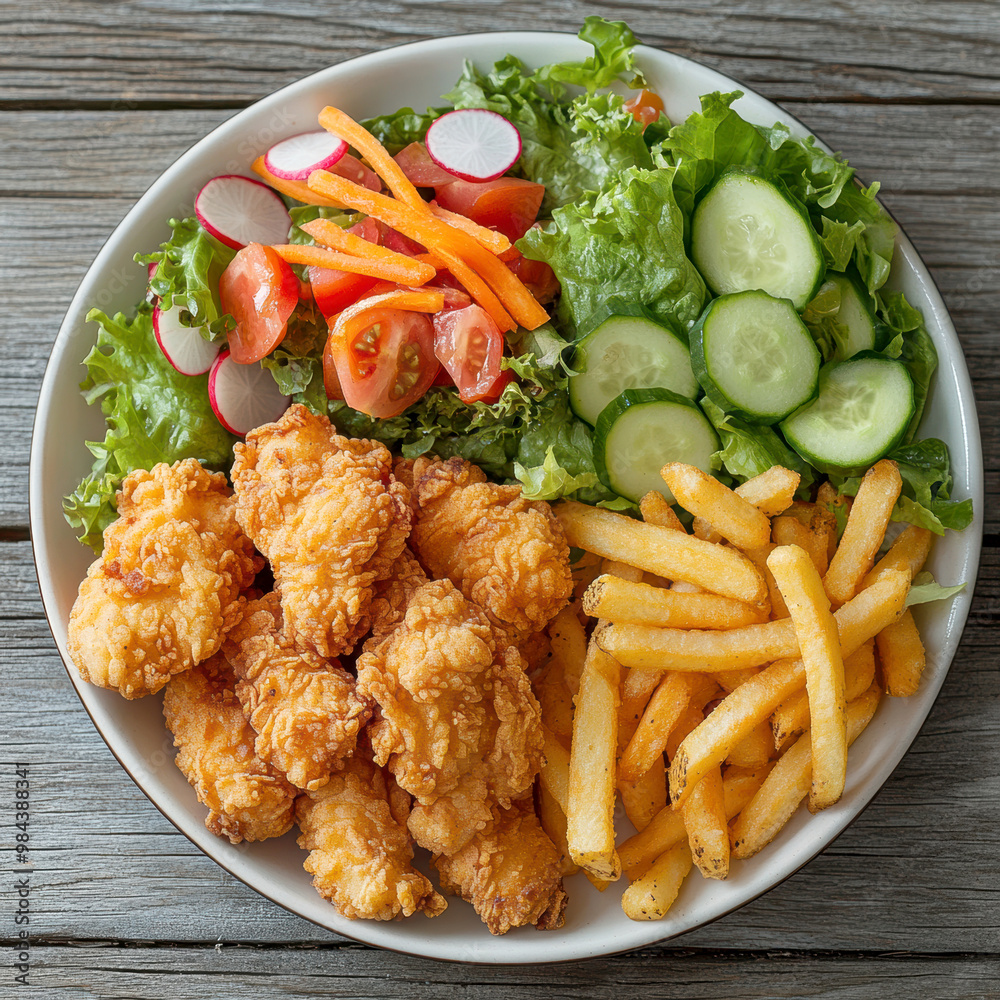 a plate of crispy, golden chicken tenders and seasoned fries. AI generative. a plate of crispy, golden chicken tenders and seasoned fries. AI generative.