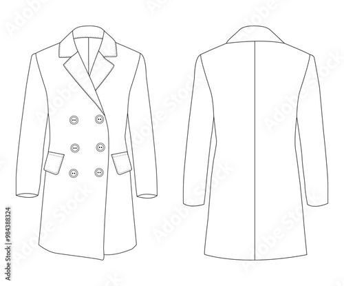 Classic coat technical fashion illustration with knee length, long sleeves, Oversized Double breasted Midi Coat
