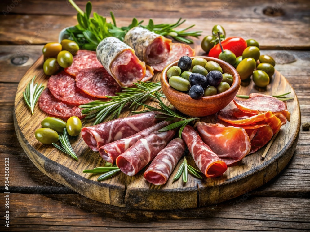 A rustic wooden board showcases an assortment of dry-cured Italian meats infused with aromatic herbs, partnering perfectly with a colorful array of olives. A rustic wooden board showcases an assortment of dry-cured Italian meats infused with aromatic herbs, partnering perfectly with a colorful array of olives.