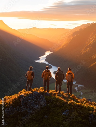 Four Hikers Watching Sunrise Over Beautiful Mountain Valley River Landscape