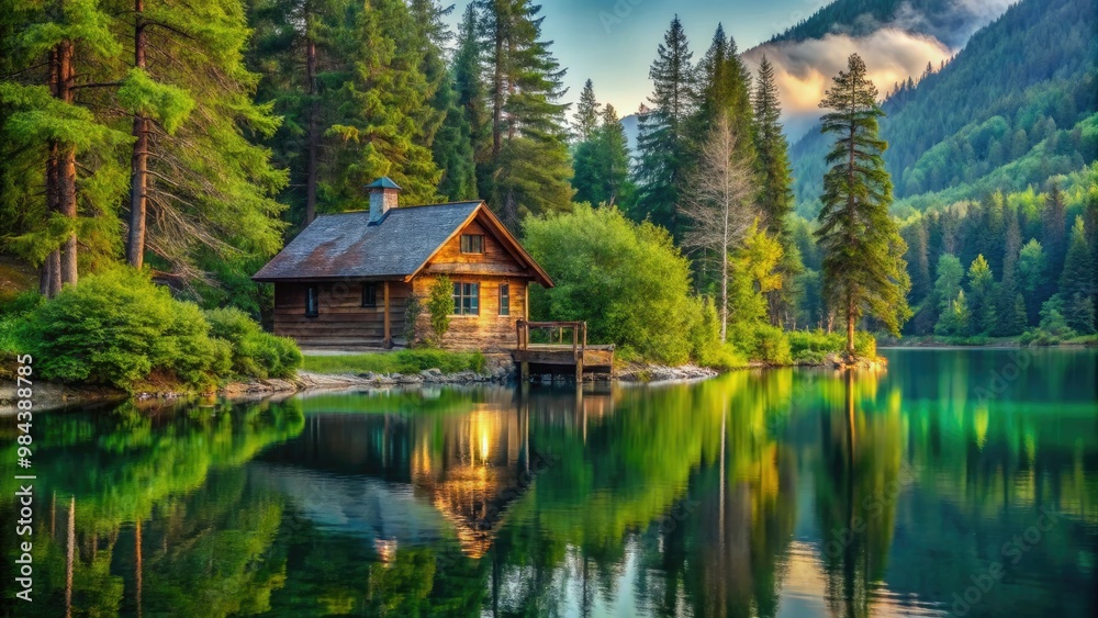 A secluded cabin nestles on the shoreline of a serene lake, engulfed by vibrant greenery, where tranquility and natural beauty converge. A secluded cabin nestles on the shoreline of a serene lake, engulfed by vibrant greenery, where tranquility and natural beauty converge.