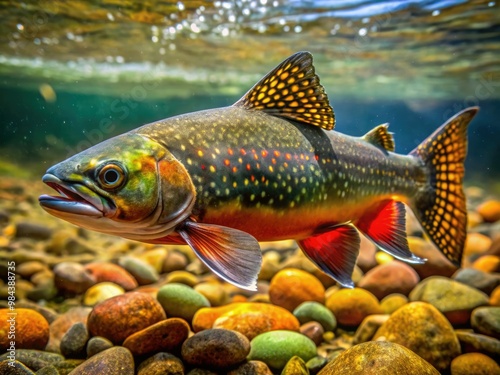 A School of brook trout darts through the crystal clear water, their shimmering scales reflecting every hue of the rainbow as they navigate the gentle currents.