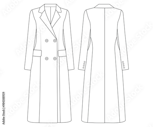 Classic coat technical fashion illustration with knee length, long sleeves, Oversized Double breasted Midi Coat