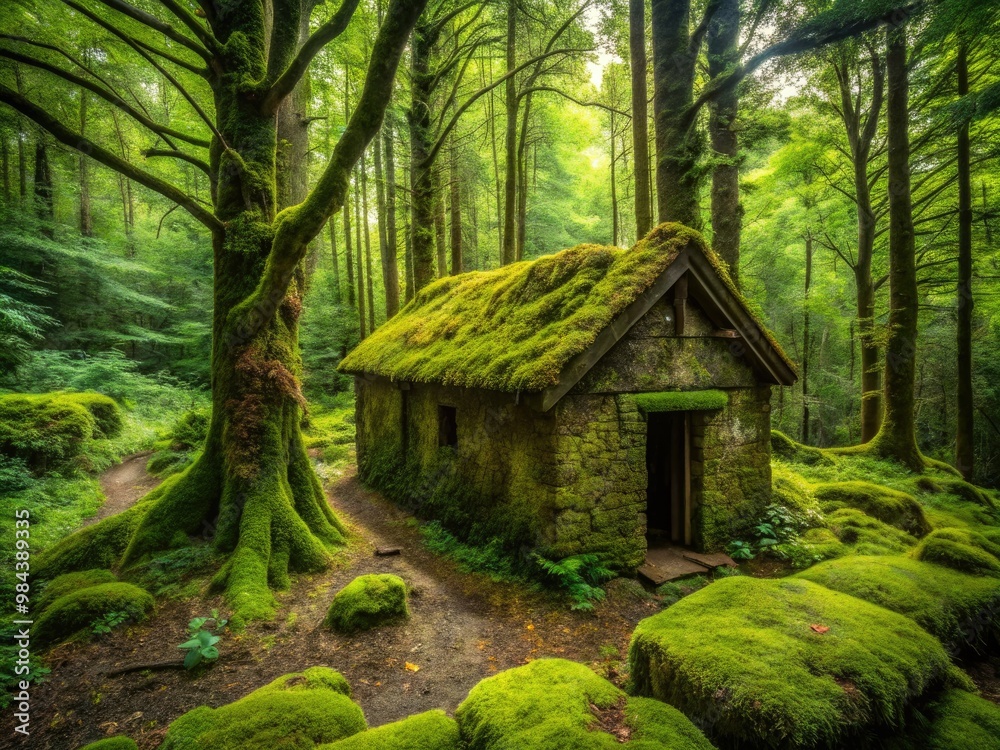 A serene photograph showcases the tranquil beauty of a moss-covered, weathered structure, perfectly blending into the lush forest surroundings, telling a story of forgotten elegance. A serene photograph showcases the tranquil beauty of a moss-covered, weathered structure, perfectly blending into the lush forest surroundings, telling a story of forgotten elegance.