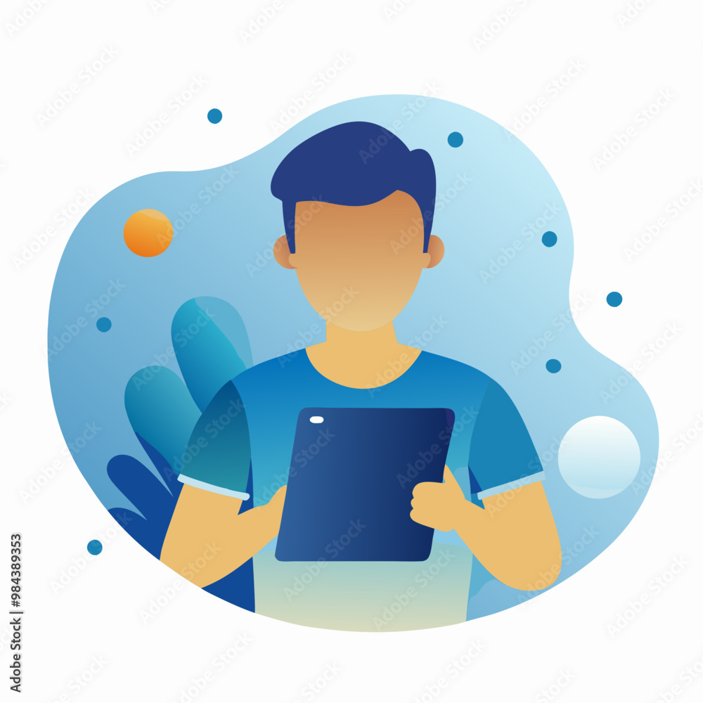 Obraz premium Young man using a tablet with a focused expression in a colorful digital environment 