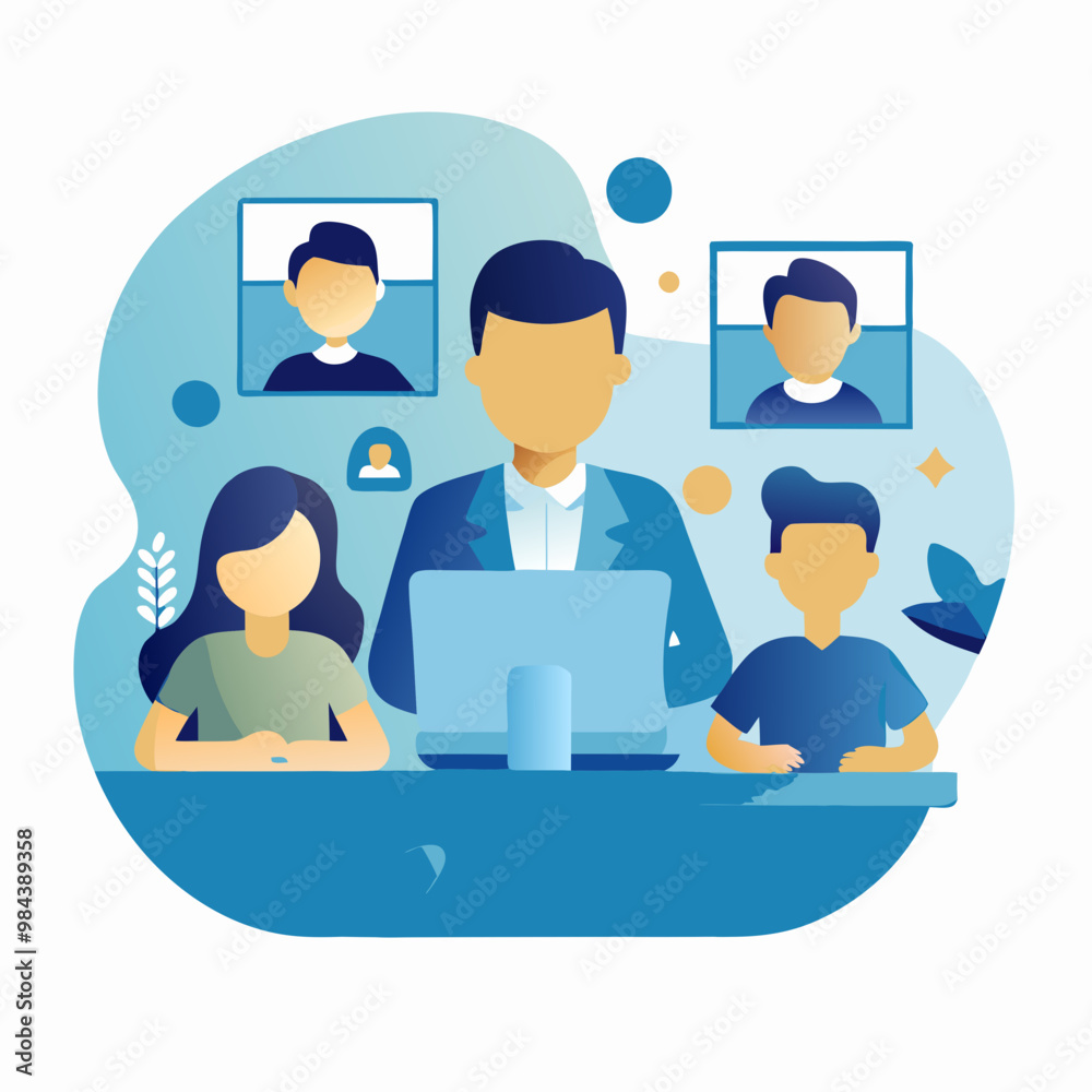 Professional team meeting illustration with three individuals during a virtual conference Professional team meeting illustration with three individuals during a virtual conference