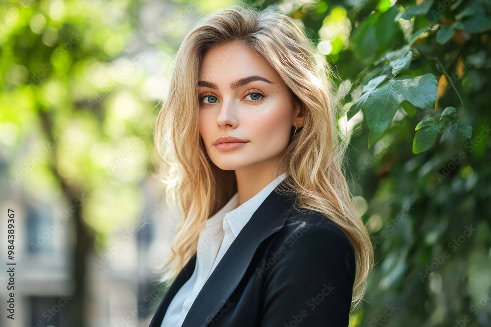 Portrait of a beautiful blonde European woman in outdoor costume. Business woman waist portrait Portrait of a beautiful blonde European woman in outdoor costume. Business woman waist portrait