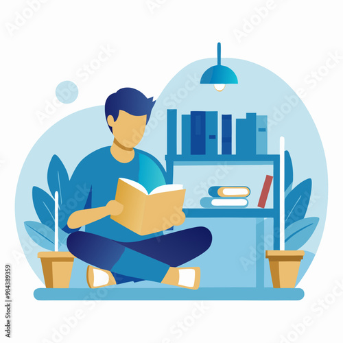 Illustration of a young man reading a book in a cozy library setting
