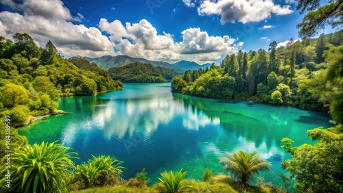 A serene turquoise lake is nestled among lush greenery, providing a breathtaking panorama of tranquility.