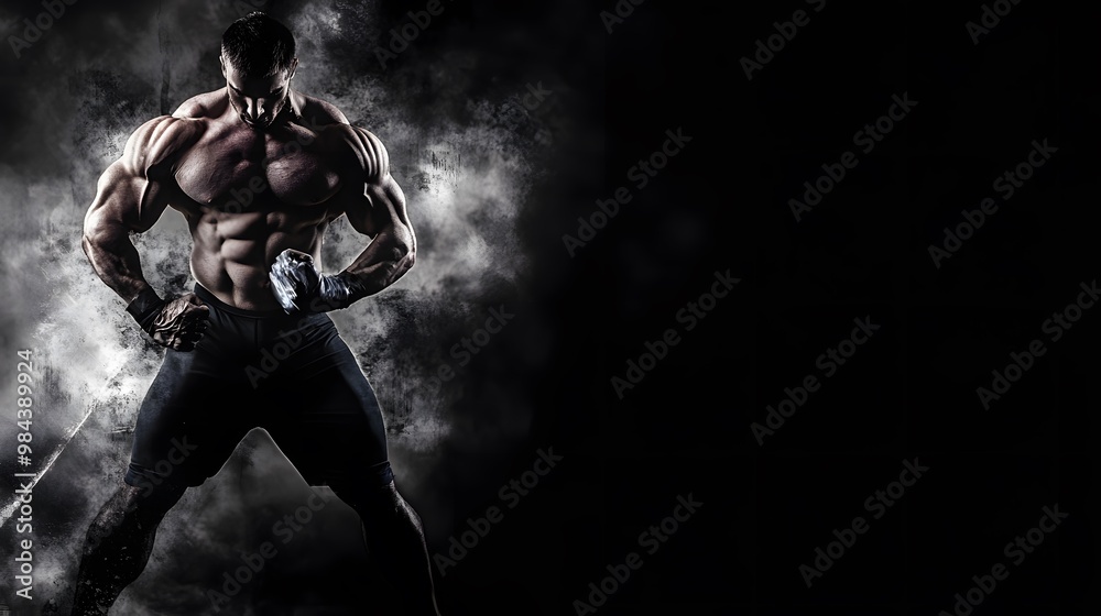 Muscular man posing with intense expression against a smoky, dark background. Muscular man posing with intense expression against a smoky, dark background.