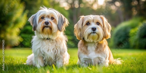 A small, furry terrier mix gazes curiously at the camera, its big brown eyes shining with a playful spark on a lush, green grassy lawn. photo