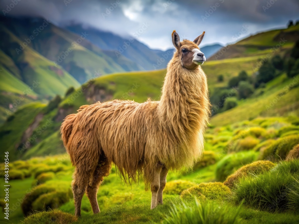 Obraz premium A soft, fluffy brown llama stands tall in a vibrant, lush grassy field, soaking up the warm sun's rays in the Peruvian Andes.