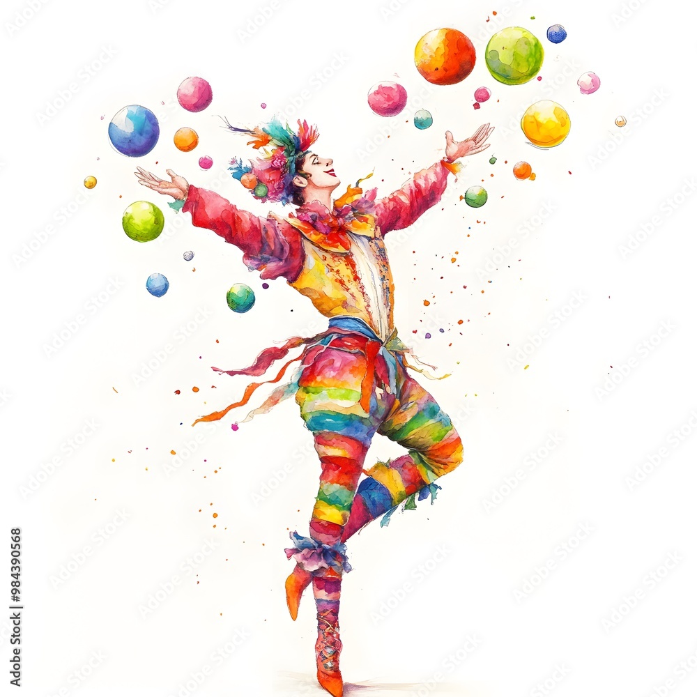 Obraz premium Watercolor Painting of a Colorful Jester Juggling Balls