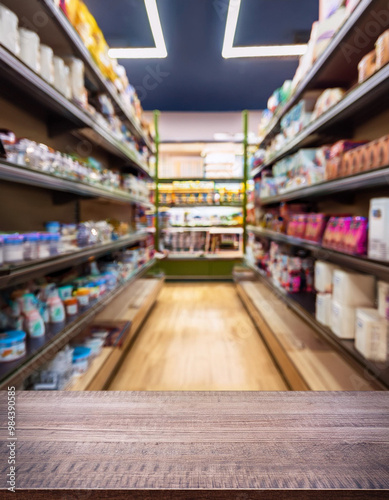 Wallpaper Mural Empty Table with a Vibrant Pet Shop Background, Showcasing Animal Accessories and Products for a Wholesome Shopping Experience in a Modern Retail Environment. Torontodigital.ca