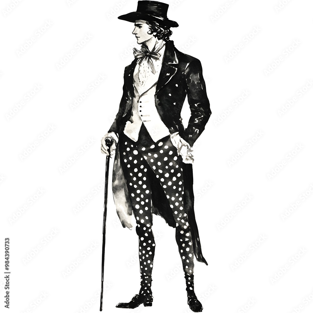 Elegant Gentleman in Black and White with Cane and Polka Dot Pants Elegant Gentleman in Black and White with Cane and Polka Dot Pants