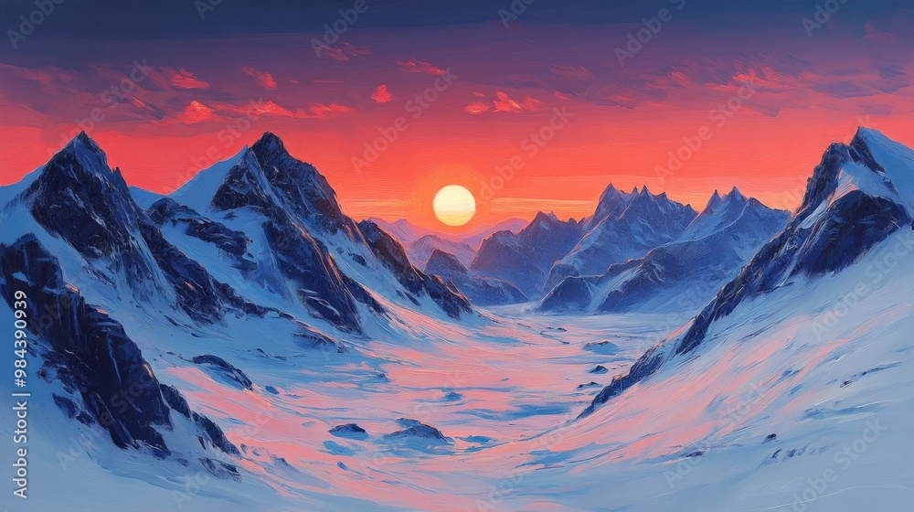 Serene minimalist mountain landscape with bold outlines and large sun Serene minimalist mountain landscape with bold outlines and large sun