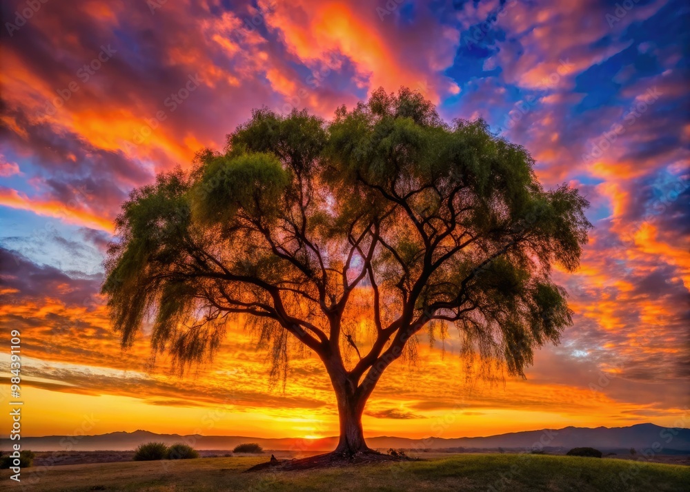 A stately pepper tree casts a long, elegant shadow against a blazing orange and pink sunset, its leaves glistening with dew. A stately pepper tree casts a long, elegant shadow against a blazing orange and pink sunset, its leaves glistening with dew.
