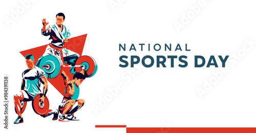 national championship sports banner design with illustrations of male martial arts athletes and weightlifters. Abstract silhouette style design isolated on white background. sports background