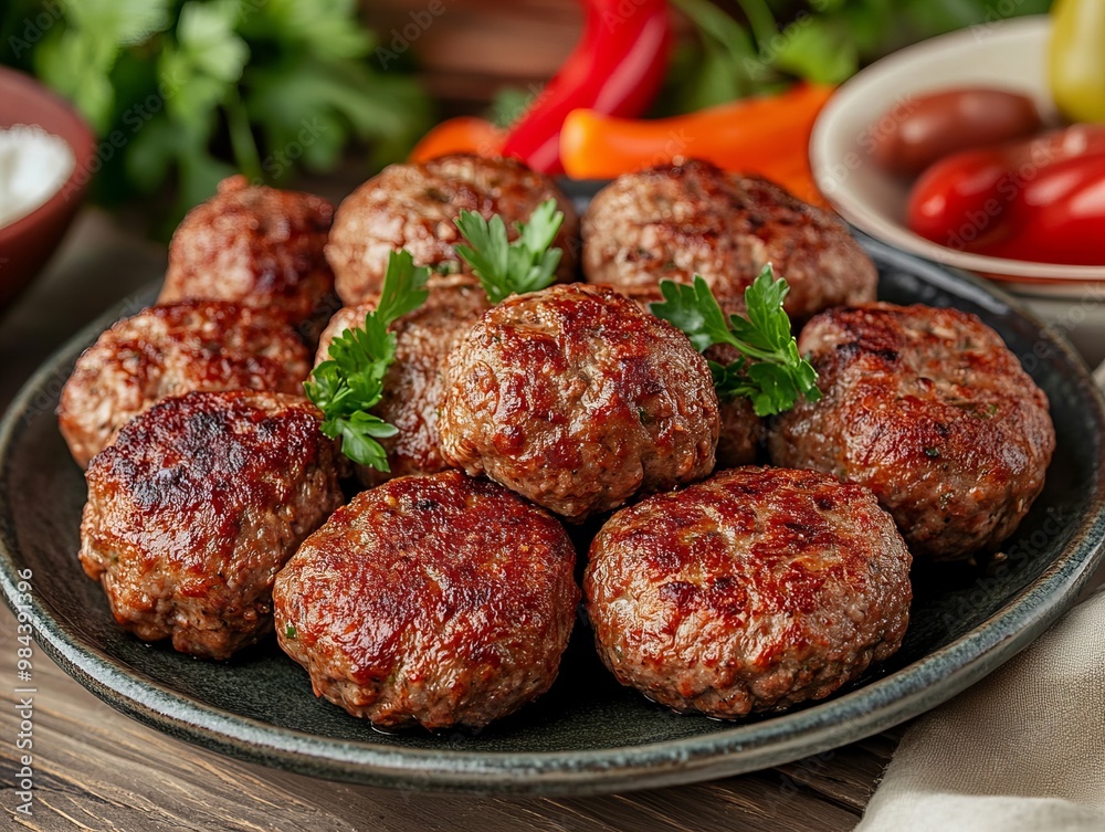 A Köfte. The most popular Turkish dishes. Turkish meatballs made from ground beef or lamb, mixed with spices and grilled or fried. They are often served with sides like rice, grilled vegetables. A Köfte. The most popular Turkish dishes. Turkish meatballs made from ground beef or lamb, mixed with spices and grilled or fried. They are often served with sides like rice, grilled vegetables.