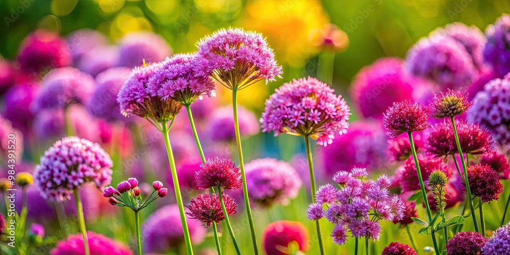 Obraz premium A stunning cluster of pink and purple wildflowers bursts forth in a lush garden, vibrant petals swaying gently in the breeze.