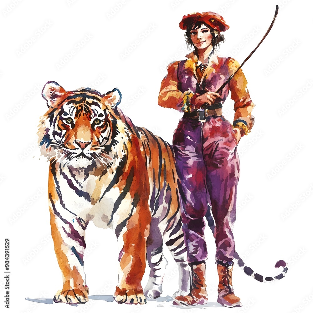 Fototapeta premium Watercolor Illustration of a Woman with a Bengal Tiger