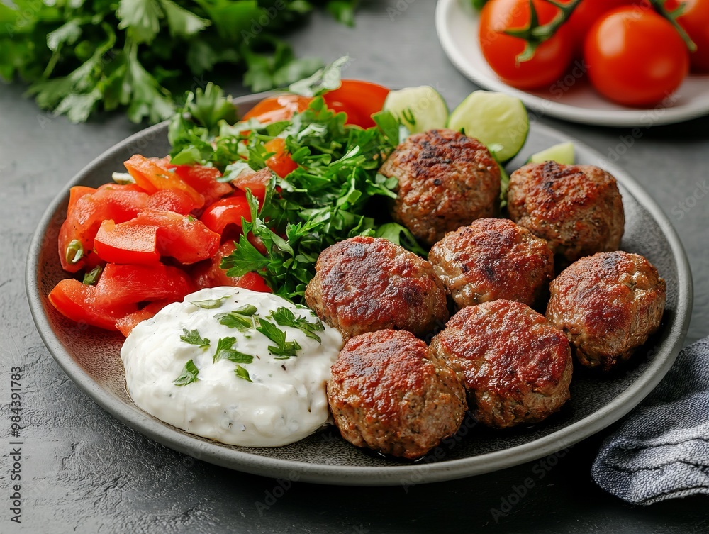 A Köfte. The most popular Turkish dishes. Turkish meatballs made from ground beef or lamb, mixed with spices and grilled or fried. They are often served with sides like rice, grilled vegetables. A Köfte. The most popular Turkish dishes. Turkish meatballs made from ground beef or lamb, mixed with spices and grilled or fried. They are often served with sides like rice, grilled vegetables.