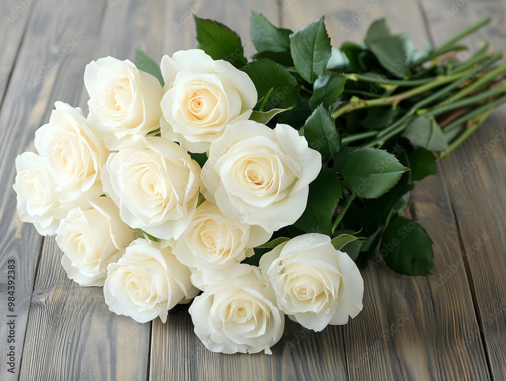 Elegant White Rose Bridal Bouquet Closeup on Wooden Background Elegant White Rose Bridal Bouquet Closeup on Wooden Background