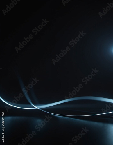 The composition showcases a smooth black backdrop accentuated by soft blue anamorphic bokeh effects. Gentle light waves flow across the surface, creating an ethereal atmosphere. Generative AI