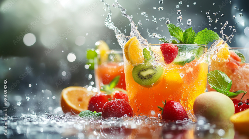 various kinds of fruit and vegetable juices in the background splashing water various kinds of fruit and vegetable juices in the background splashing water