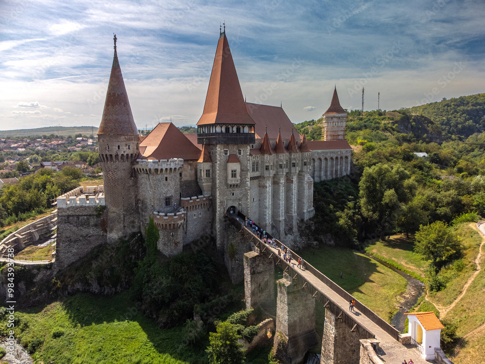 Naklejka premium Aerial drone view of the iconic Hunedoara Castle, a Medieval Fortress in Romania