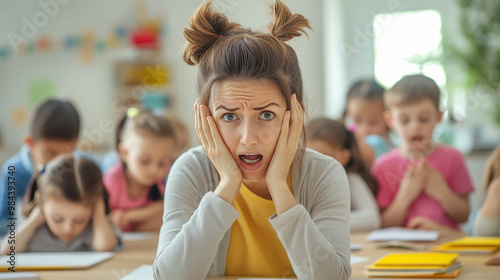 Teacher overwhelmed by caring for troublemaking children photo