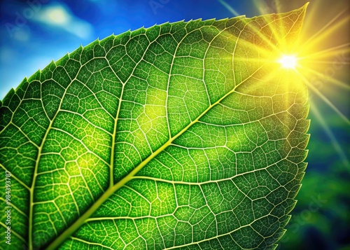 A verdant green leaf basks in warmth, its microscopic openings drinking in carbon dioxide and exhaling oxygen, supporting life through photosynthetic magic and sugar-rich sustenance. photo