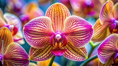 A vibrant orchid flower unfolds, its exotic petals unfolding like a treasure trove of intricately designed jewels in shades of pink, gold, and purple. photo