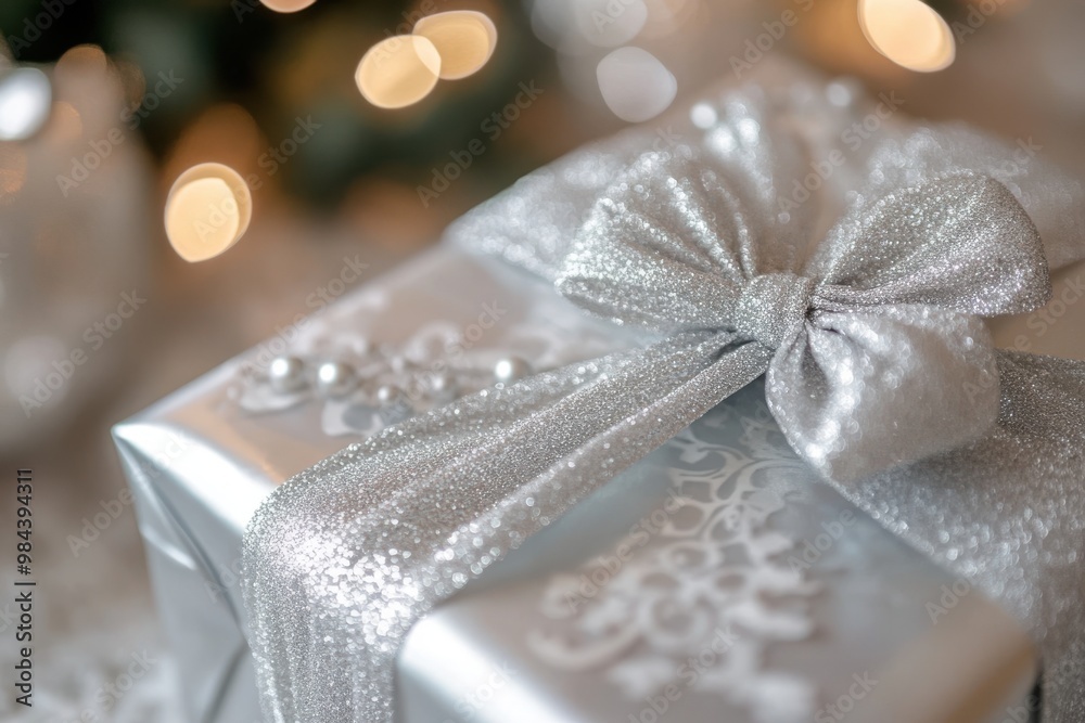 Beautifully wrapped New Year's gift with a silver glittery ribbon