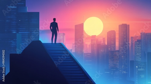 Ambition concept featuring a self-assured businessman gazing skyscrapers in the city from the top of a staircase