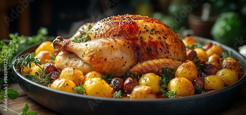 Roasted chicken with potatoes and herbs in a black dish.