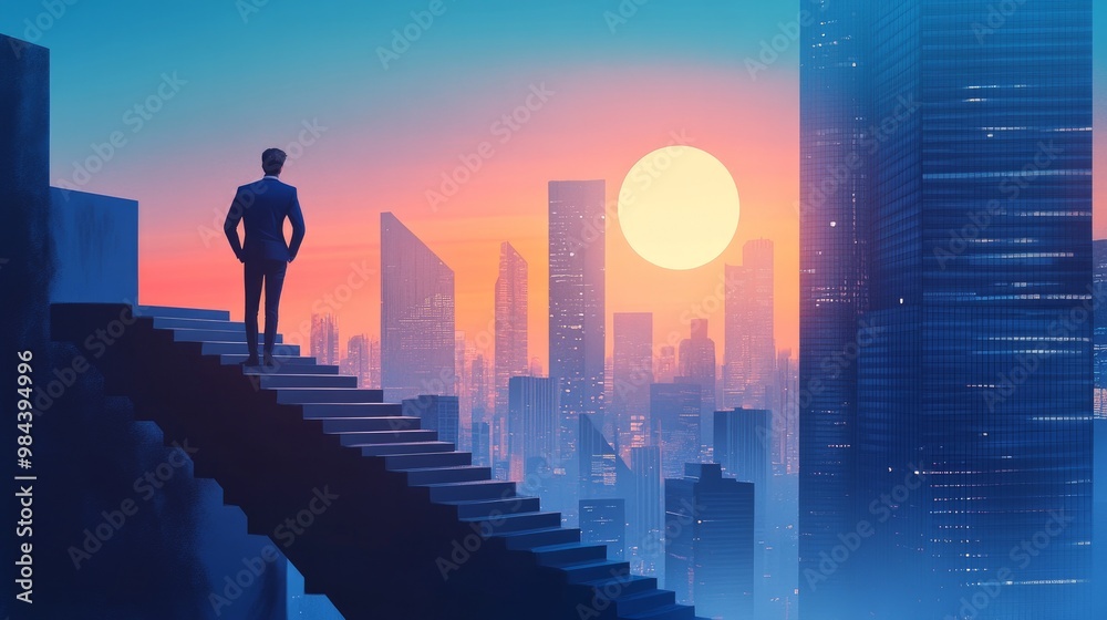 Ambition concept featuring a self-assured businessman gazing skyscrapers in the city from the top of a staircase Ambition concept featuring a self-assured businessman gazing skyscrapers in the city from the top of a staircase