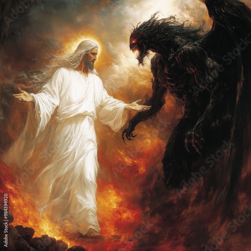 Jesus battles fallen angels in fiery epic biblical fantasy art photo