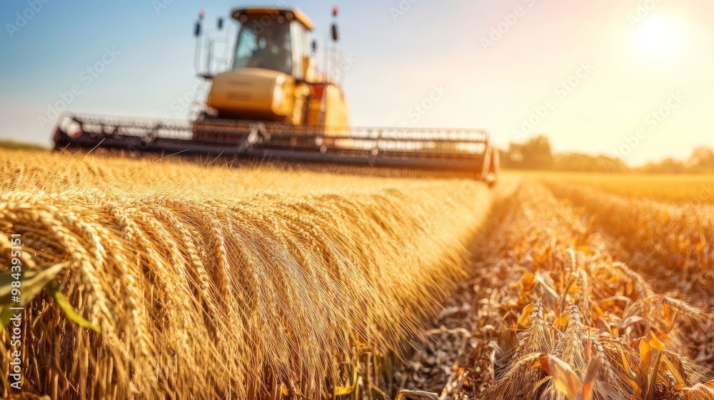 Fototapeta premium Harvester in a golden wheat field