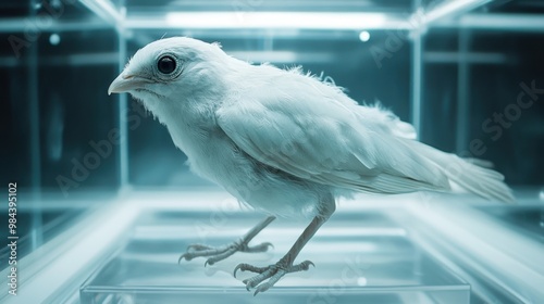 White bird perched, clear background with soft lighting and modern display. photo